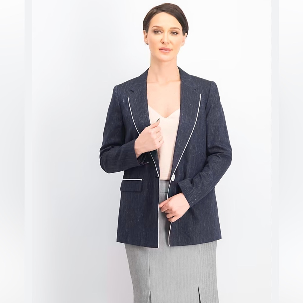 LAFAYETTE 148 New York Navy White Piped RHODA Linen Cotton Herringbone Blazer 16